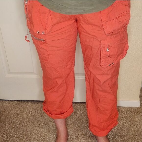 Lulu-B 10 Coral Red Full Length Roll Up Zipper Cargo Women’s Pants - Picture 10 of 14